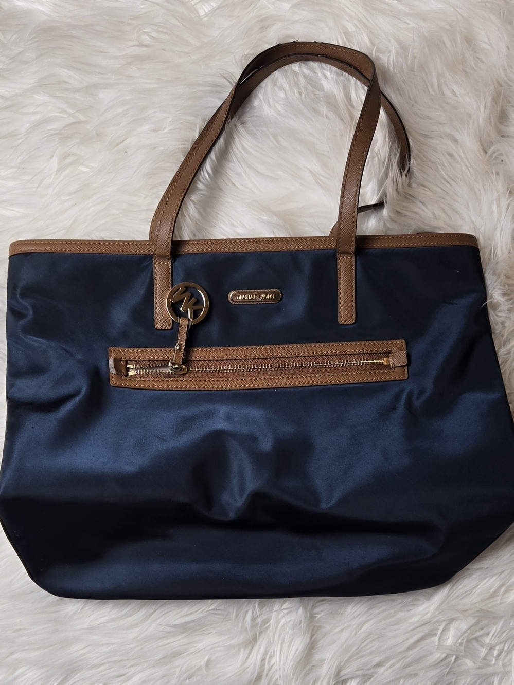 Michael Kors Navy Nylon Tote with Brown Trim and Gold Accents